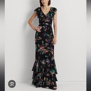 Ralph Lauren Floral Ruffle V-Neck Flutter Sleeve Tiered Hem Gown Worn once!